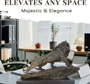 Close-up of grand bronze lion King of Beasts sculpture as majestic office decoration display