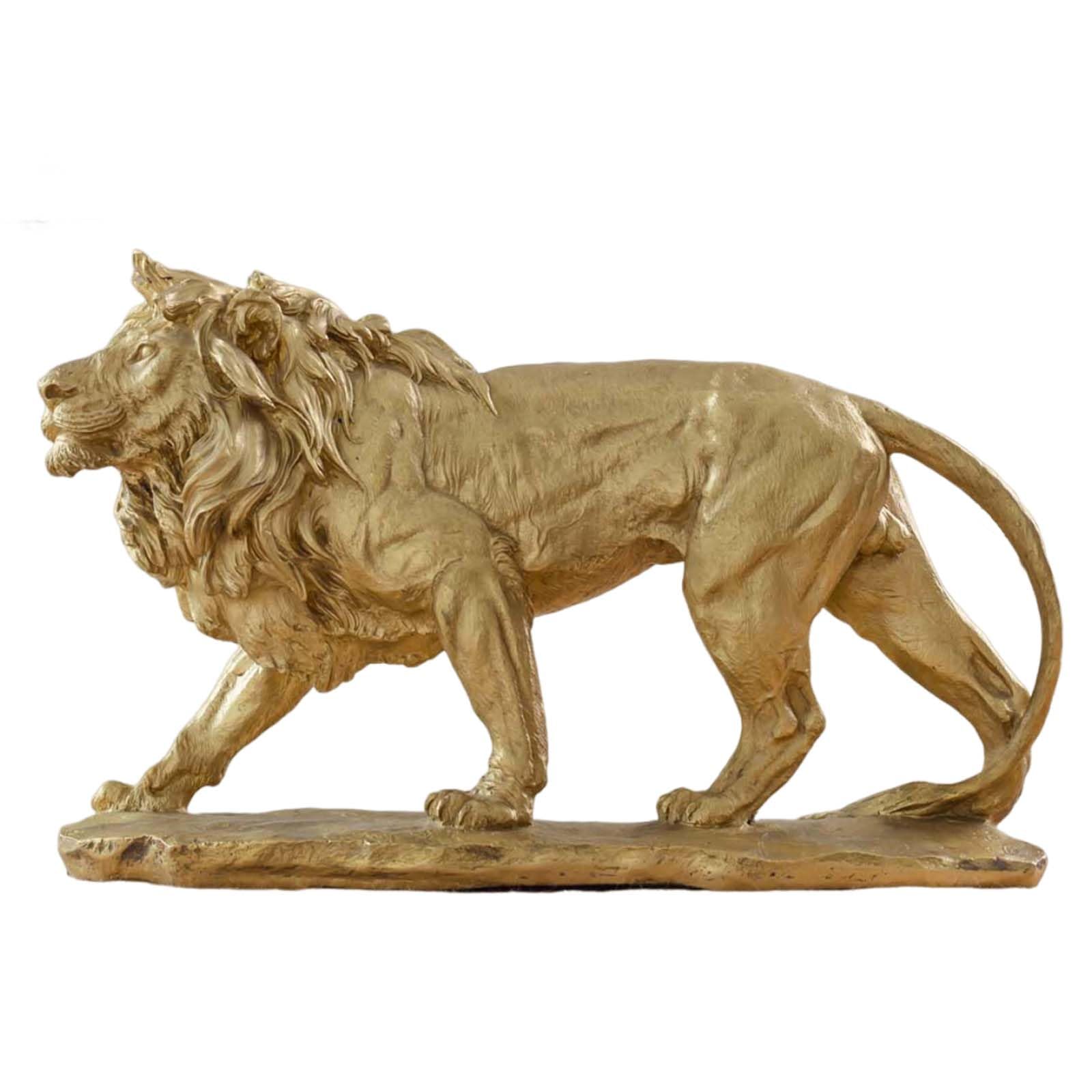 16-inch gold bronze Lion King hunting statue hand-cast, side front view on white background