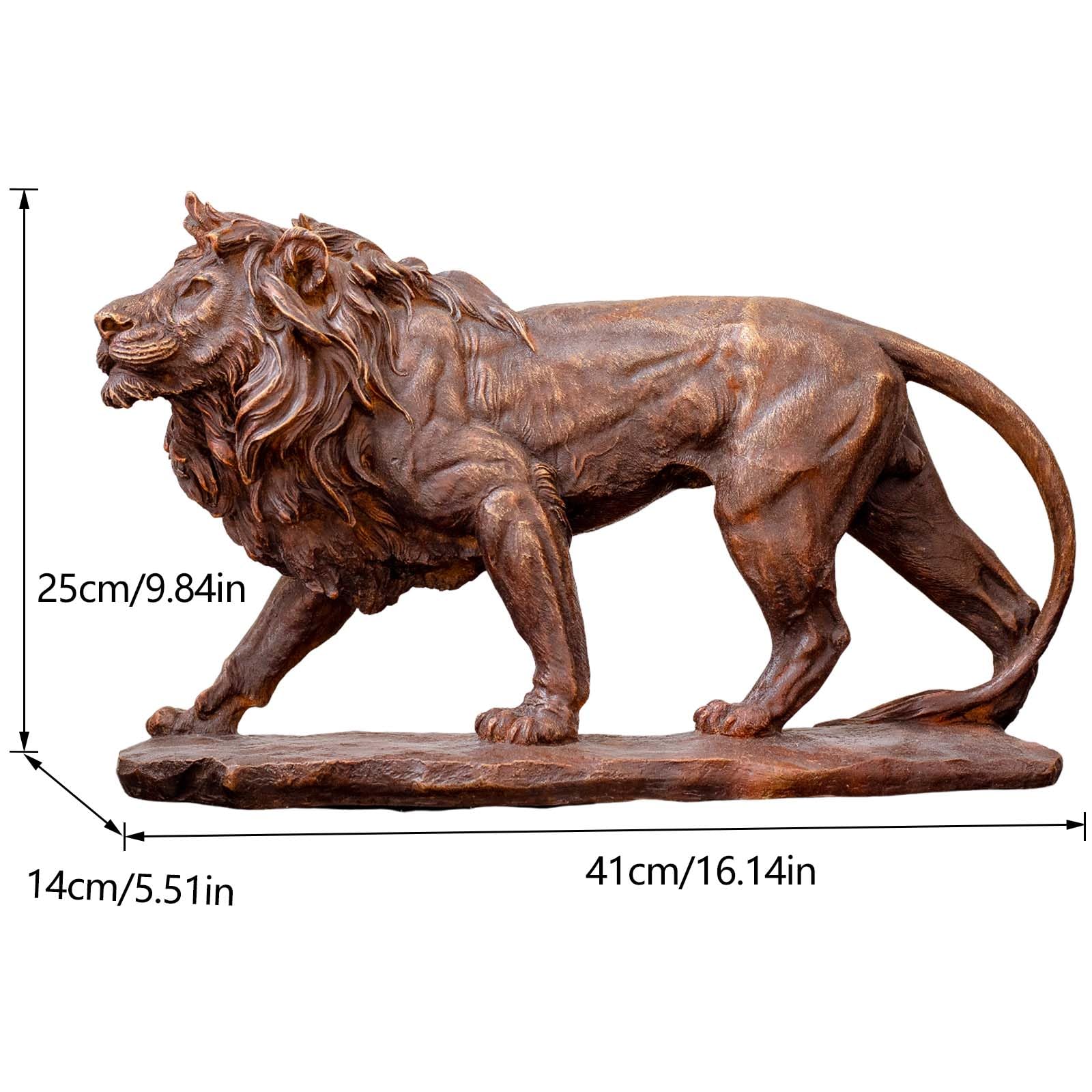 Dark bronze Lion King hunting statue with size dimension reference showing 16 x 4.7 x 9.8 inch