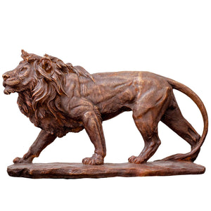 Dark bronze Lion King hunting statue side view with size dimension labels for desktop display