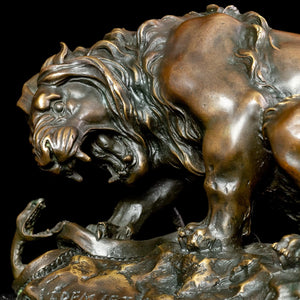 Close-up front detail of dark bronze lion mane and serpent interaction in Barye masterpiece sculpture