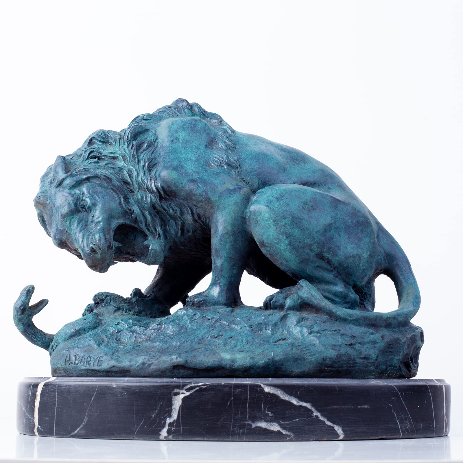 11-inch teal patina bronze lion and serpent sculpture after A. Barye hand-cast on marble base, side front view