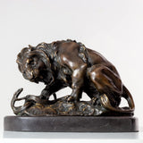Dark bronze patina lion and serpent sculpture after Barye on marble base, side view beige background
