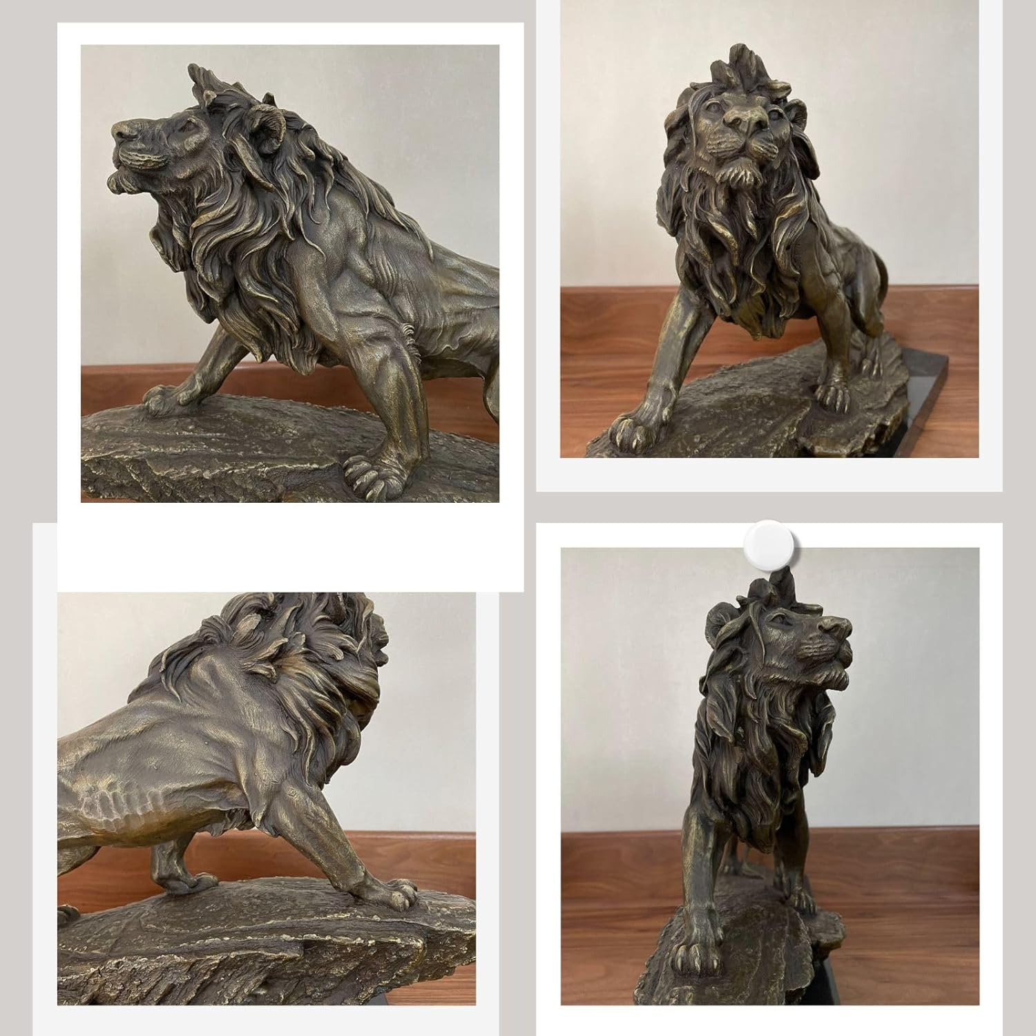 Bronze King of Beasts lion statue front and side view comparison showing detailed mane and marble base