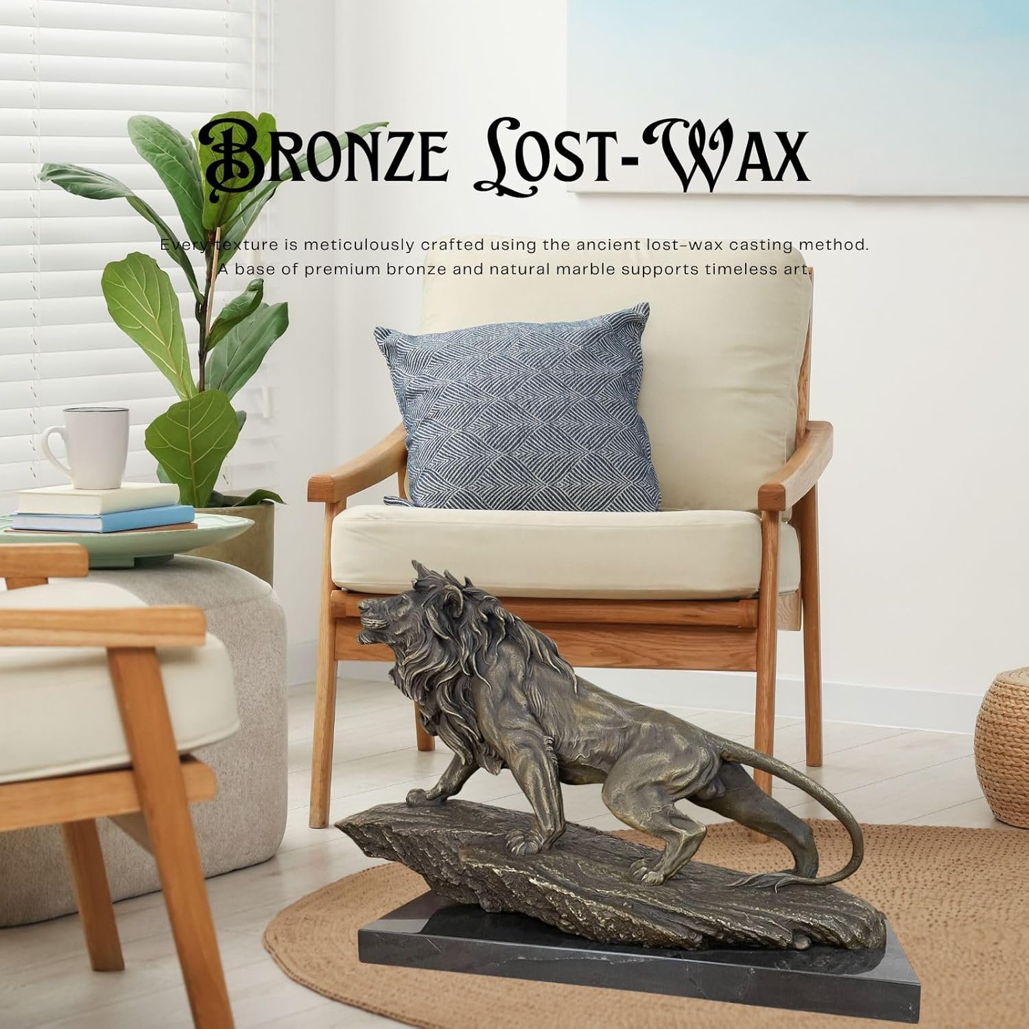 Bronze King of Beasts lion statue showcasing lost-wax cast craftsmanship in modern indoor setting