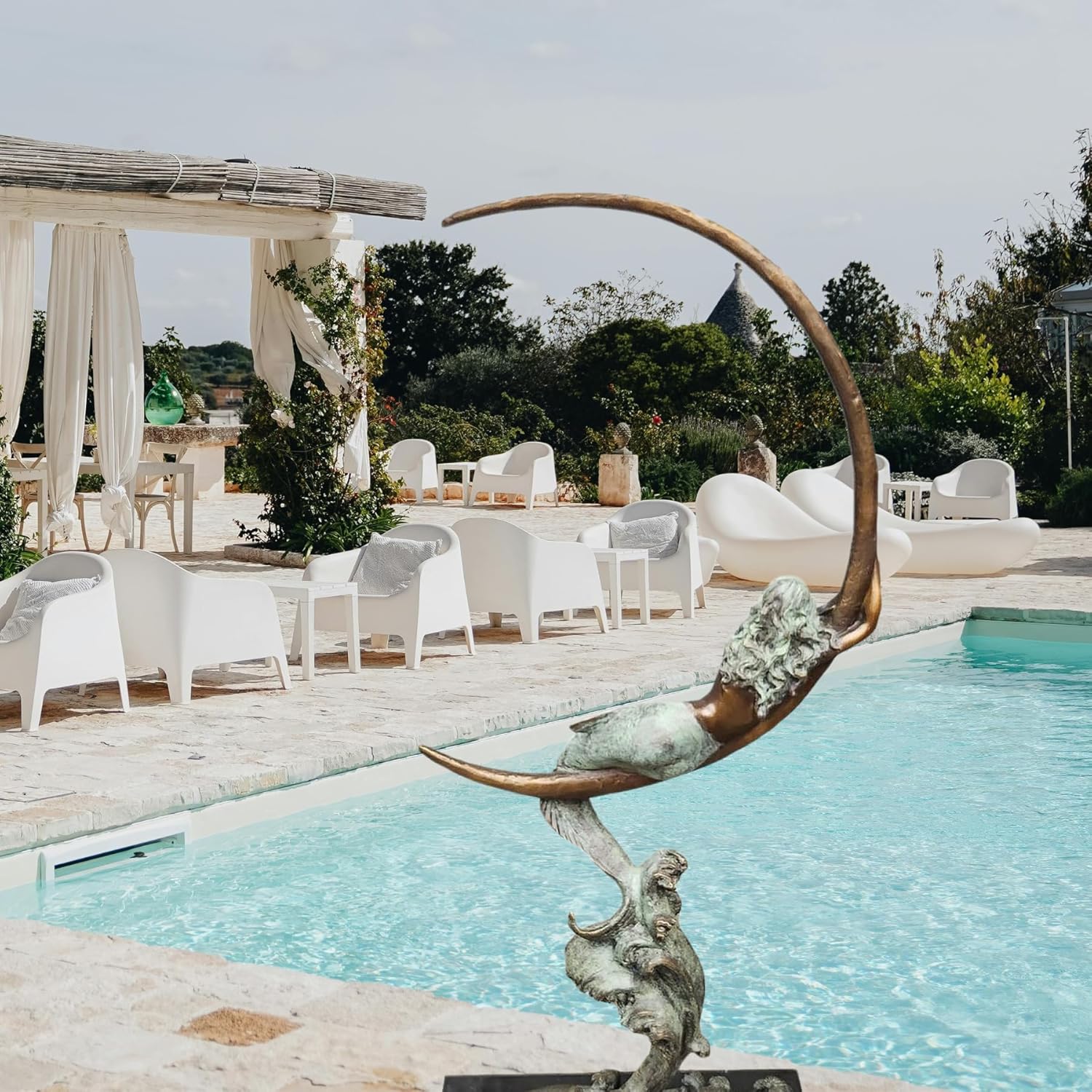 Bronze mermaid crescent moon sculpture pool garden outdoor display palm trees