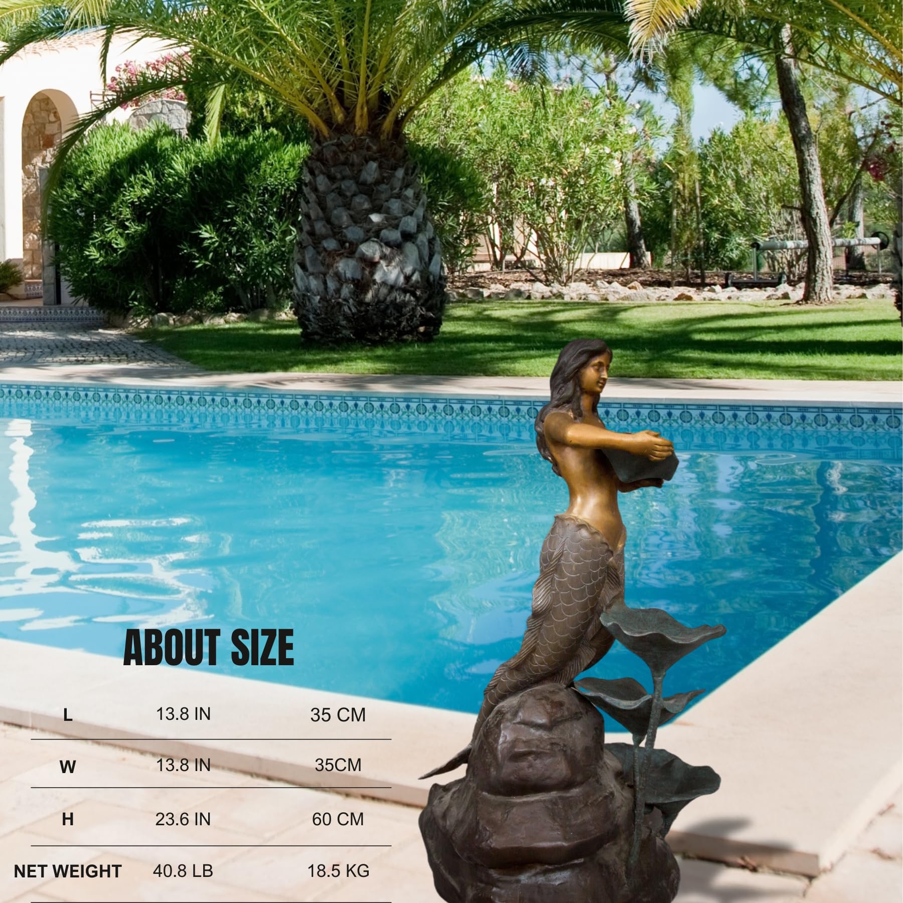 Bronze mermaid garden sculpture poolside display size chart dimensions reference