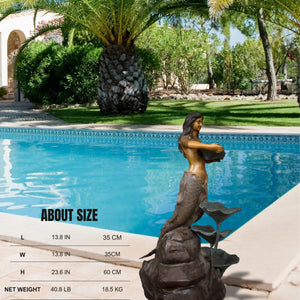 Bronze mermaid garden sculpture poolside display size chart dimensions reference