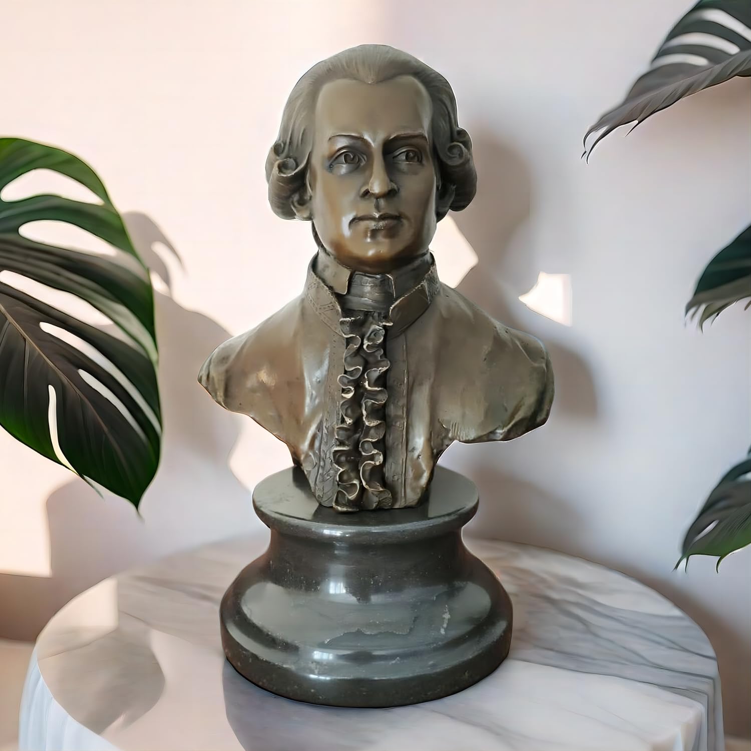 Bronze Mozart bust statue angle view displayed near window setting