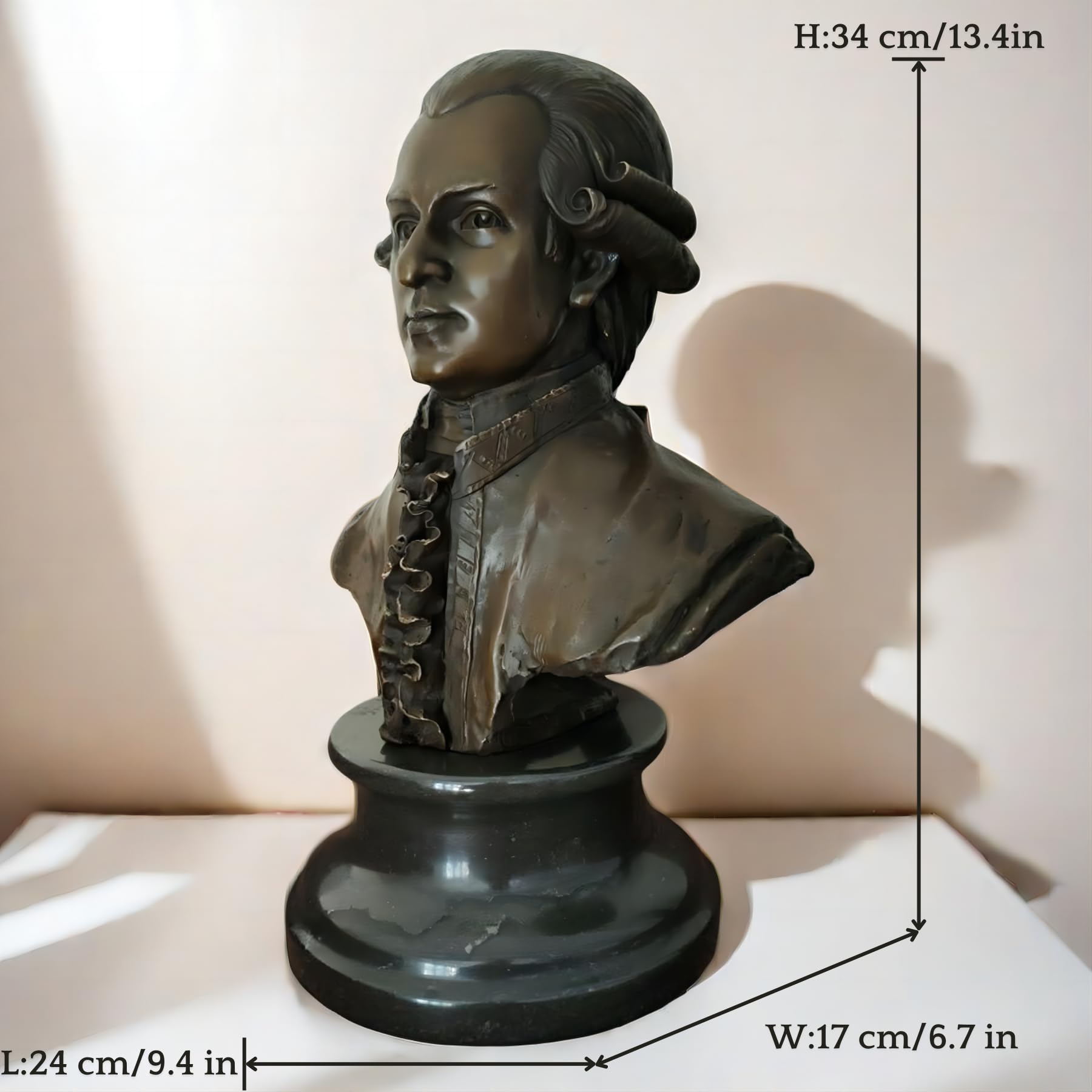 Bronze Mozart bust statue size dimension reference chart showing height measurements