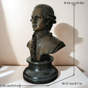 Bronze Mozart bust statue size dimension reference chart showing height measurements