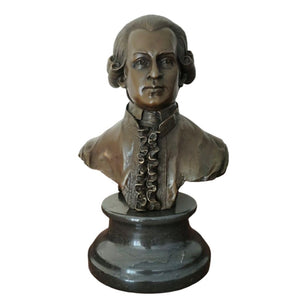 Bronze Wolfgang Amadeus Mozart bust statue front view on white background showing period collar