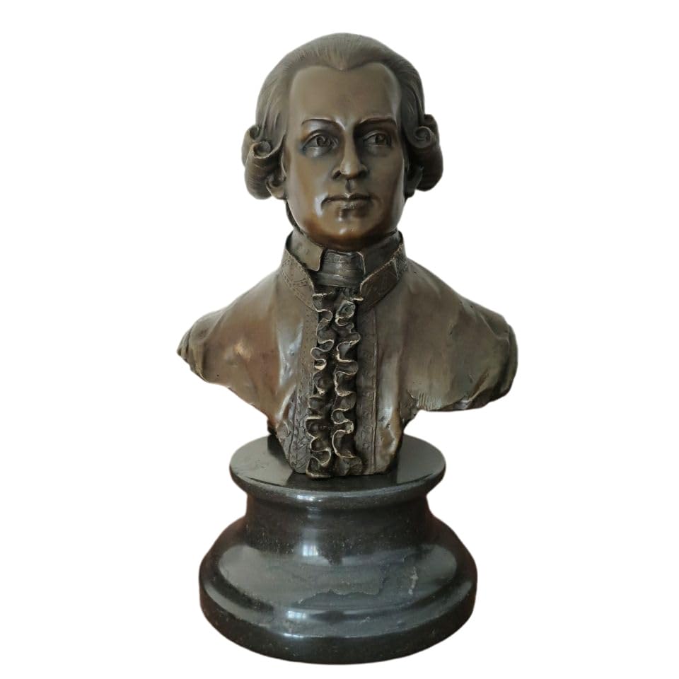 Bronze Wolfgang Amadeus Mozart bust statue front view on white background showing period collar