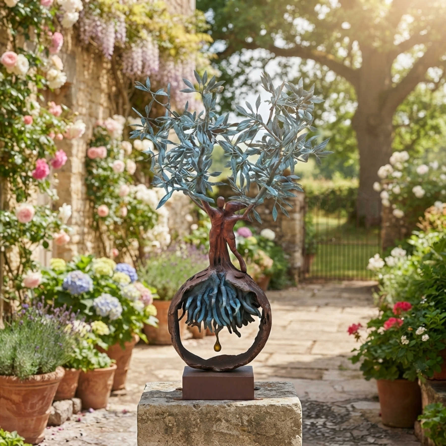 The 1.2-meter-tall handcrafted bronze olive tree and embracing couple sculpture positioned in a sunlit Mediterranean courtyard, surrounded by blooming lavender, bougainvillea, and classic stone architecture.