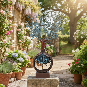 The 1.2-meter-tall handcrafted bronze olive tree and embracing couple sculpture positioned in a sunlit Mediterranean courtyard, surrounded by blooming lavender, bougainvillea, and classic stone architecture.