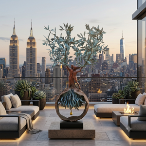 The 1.2-meter-tall handcrafted bronze olive tree and embracing couple sculpture set on a sophisticated rooftop terrace overlooking a stunning metropolitan skyline at sunset.