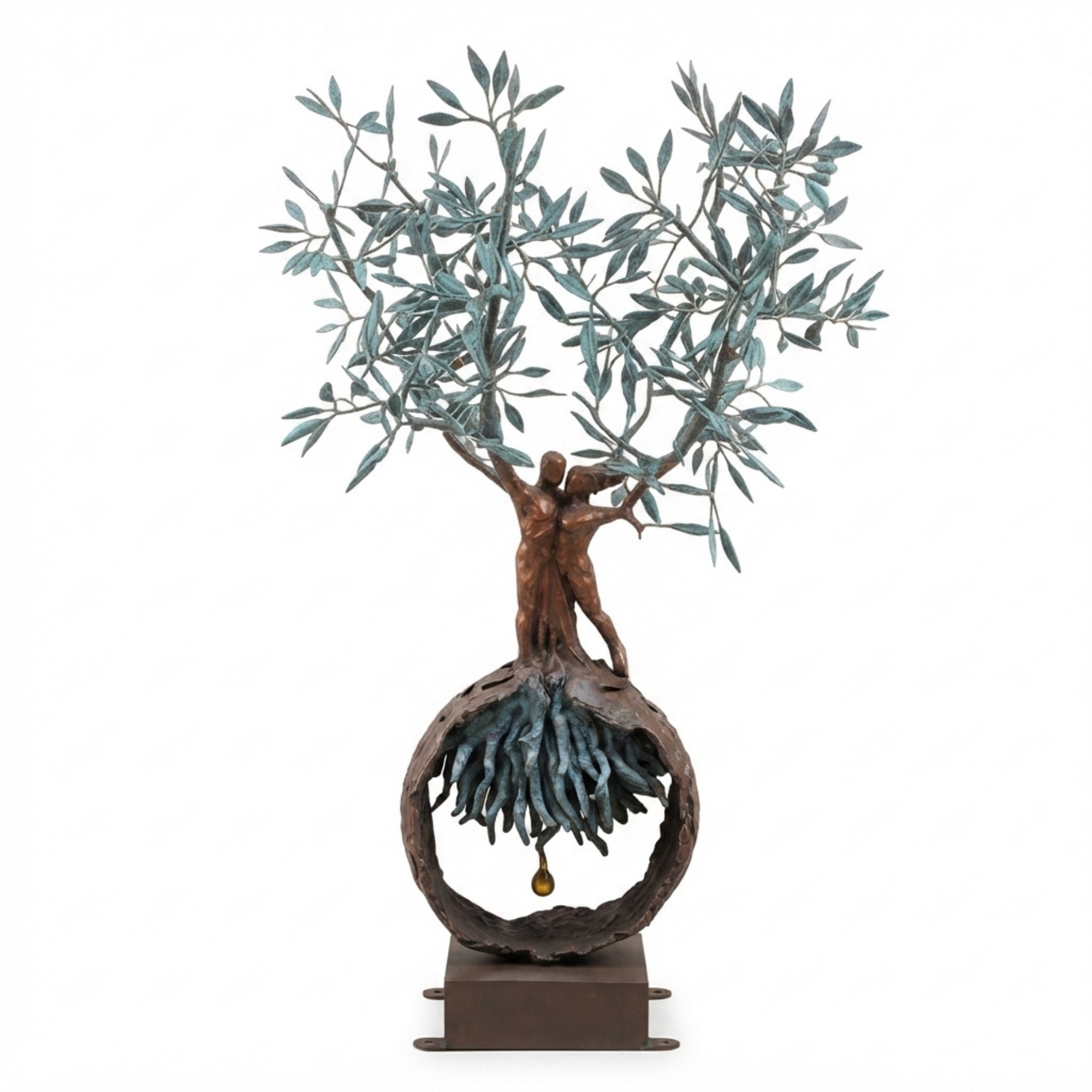An isolated, 1.2-meter-tall handcrafted bronze olive tree and embracing couple sculpture displayed against a clean white background, featuring intertwined trunks, detailed verdigris leaves, and a spherical root base with a hanging golden drop.
