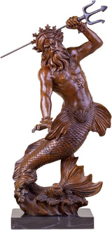 Bronze Poseidon Neptune sculpture brown patina holding trident full view white background