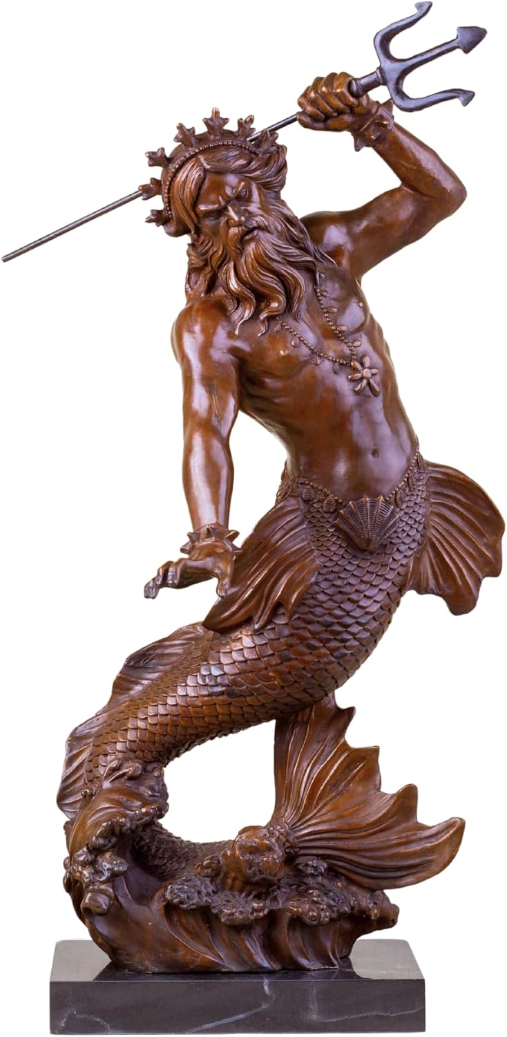 Bronze Poseidon Neptune sculpture brown patina holding trident full view white background