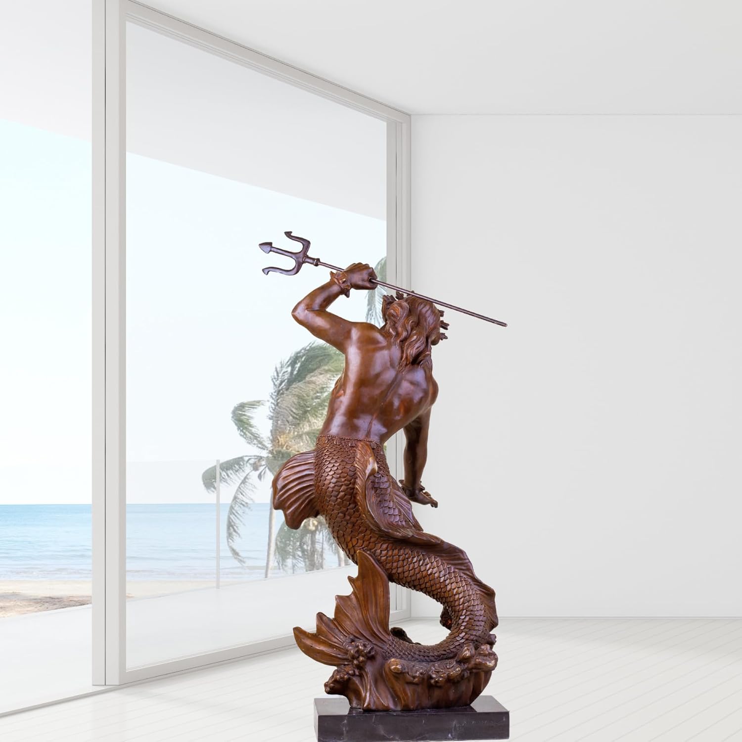Bronze Poseidon sculpture brown patina displayed in bright interior arch window