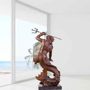 Bronze Poseidon sculpture brown patina displayed in bright interior arch window