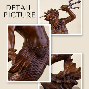 Bronze Poseidon sculpture detail picture face and trident close up craftsmanship