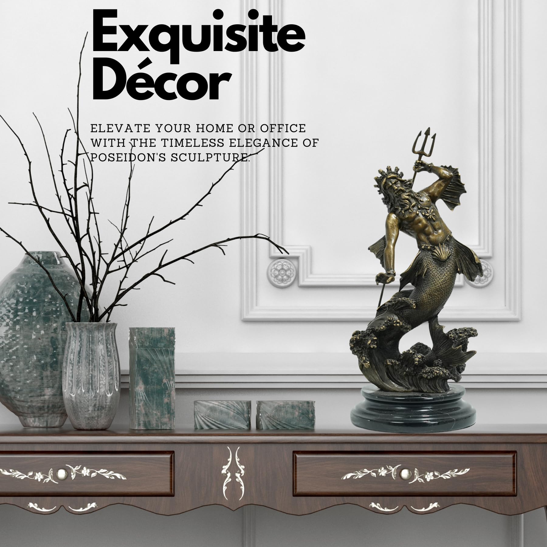 Bronze Poseidon sculpture exquisite decor display on console beside vase home interior