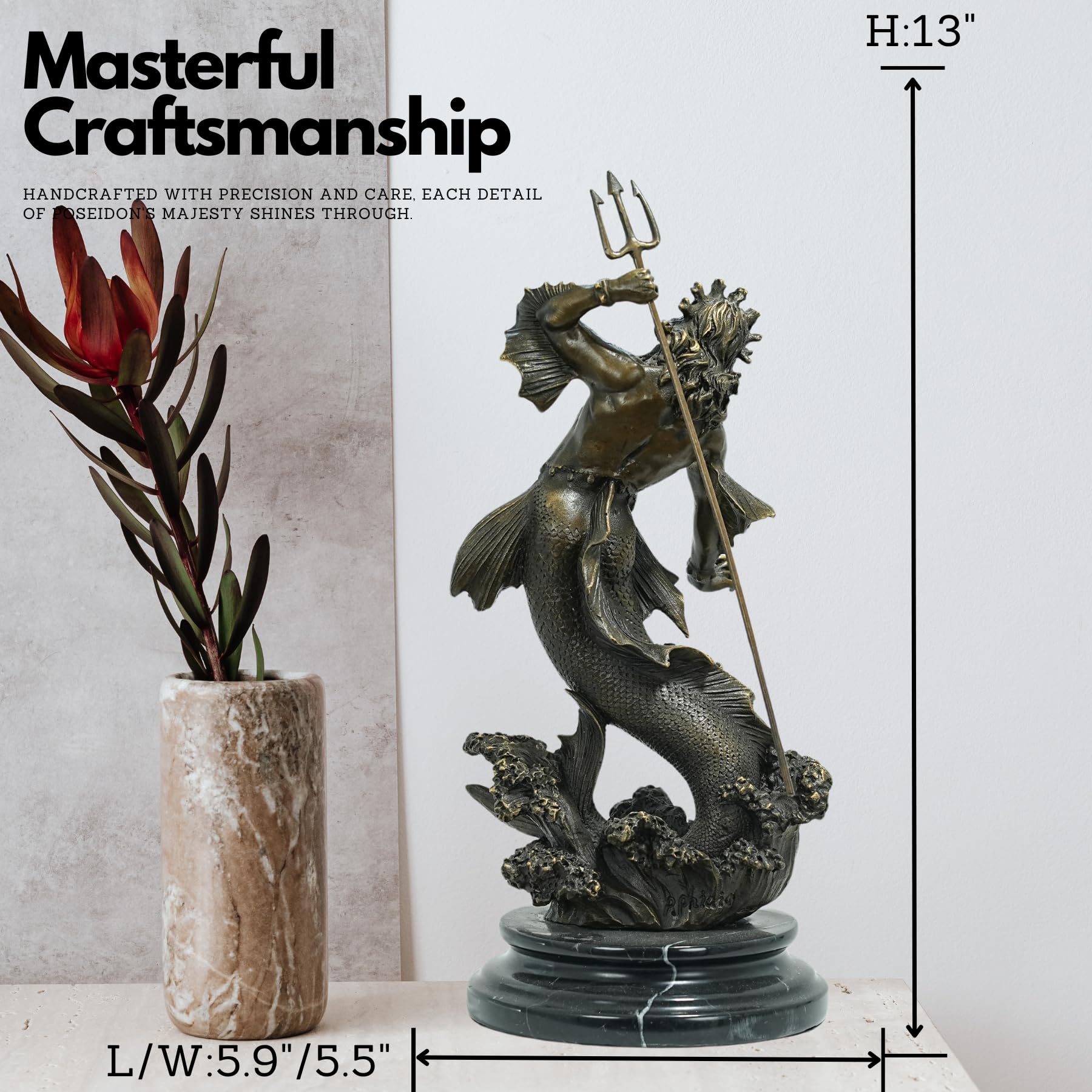 Bronze Poseidon sculpture masterful craftsmanship size chart dimensions reference