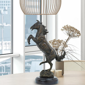 12.6-inch bronze rearing stallion statue on marble base displayed by window with floral decor
