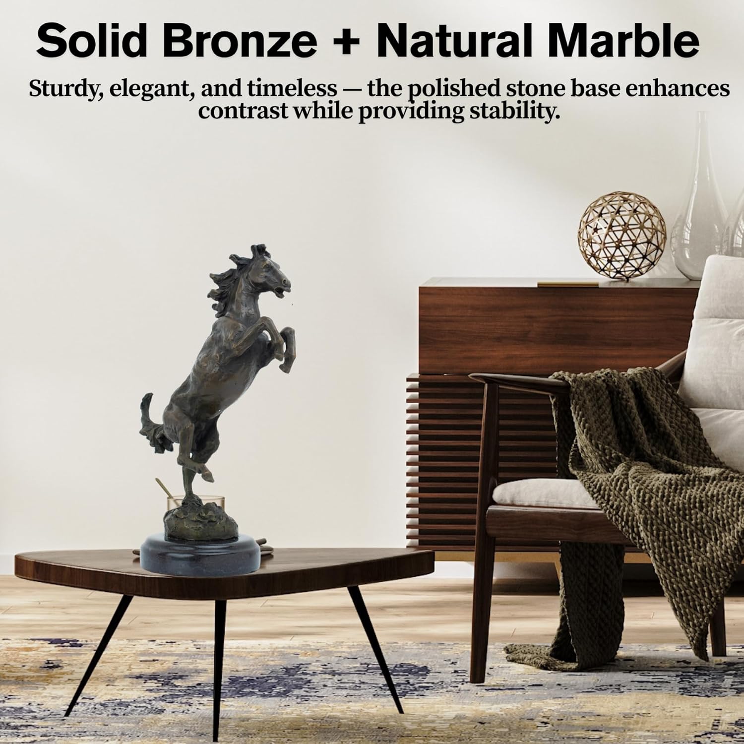 Bronze rearing stallion statue showcasing solid bronze and natural marble base craftsmanship indoors