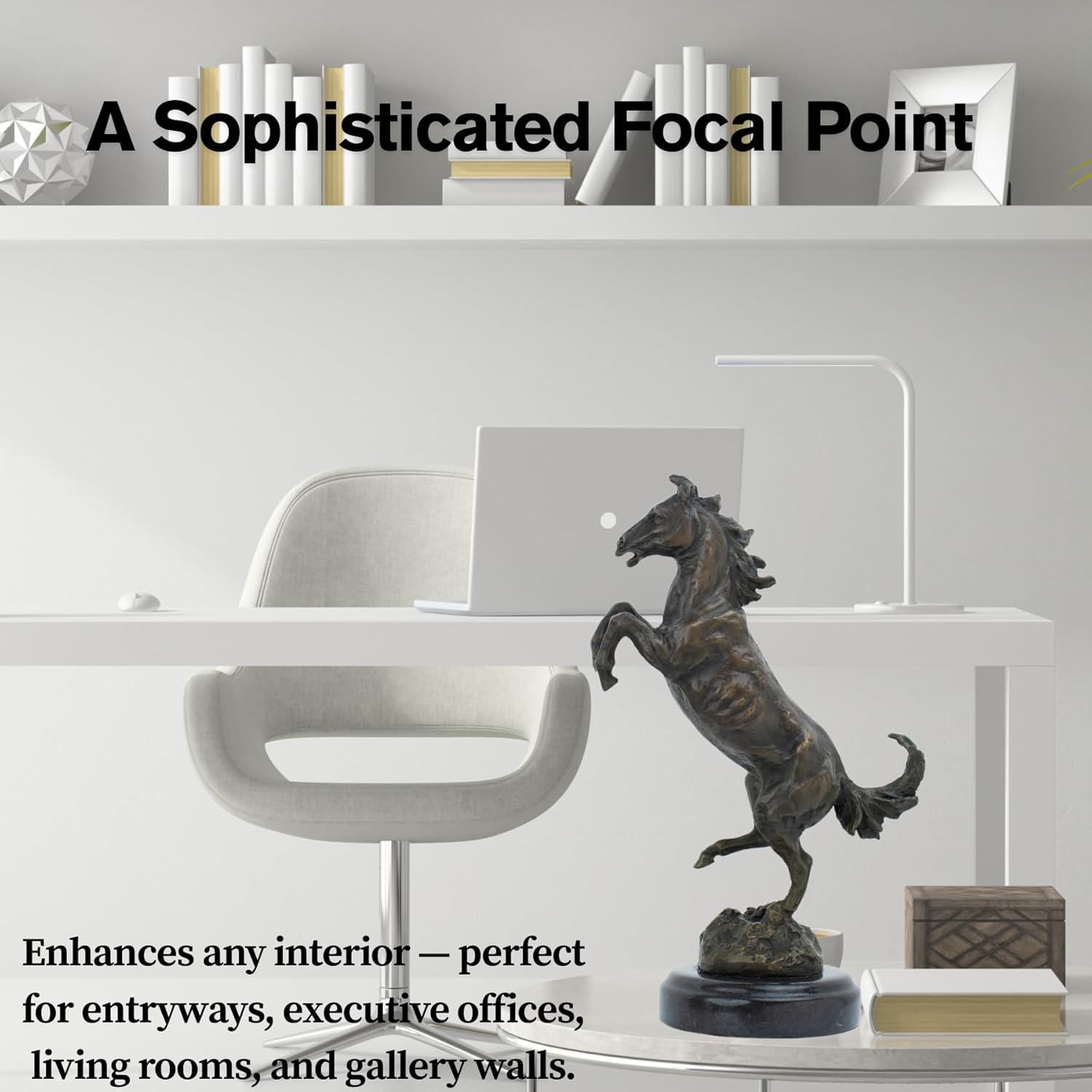Bronze rearing stallion statue as sophisticated focal point in modern indoor interior setting