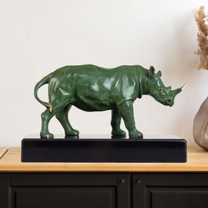 7.87-inch bronze rhinoceros sculpture on a sleek black base, front view.