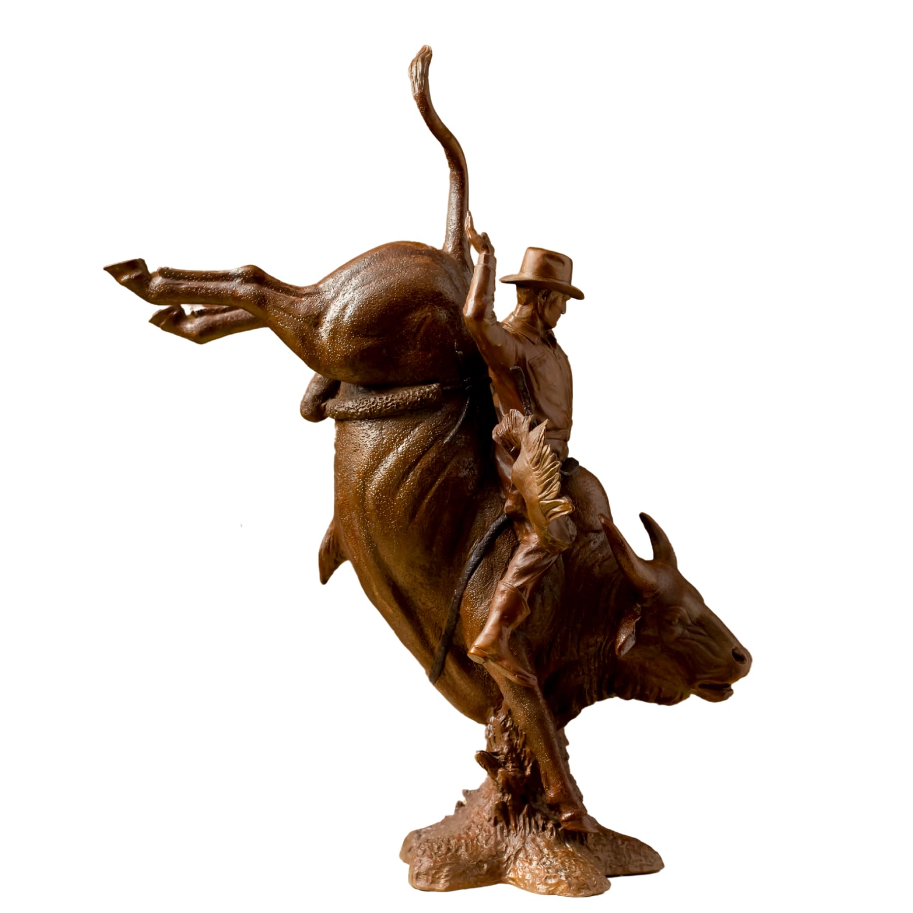 Close-up of the fierce bull head on the red-brown western bronze sculpture