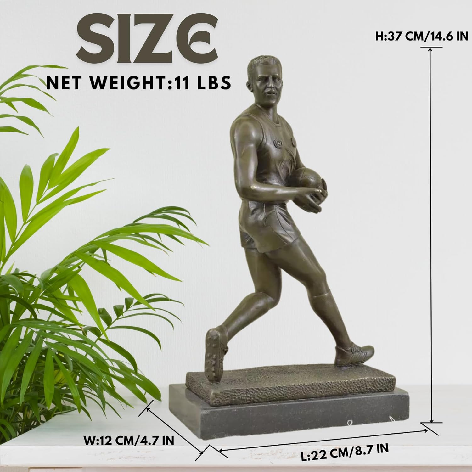Bronze rugby player statue #43 jersey front view, athletic male figure on black marble base