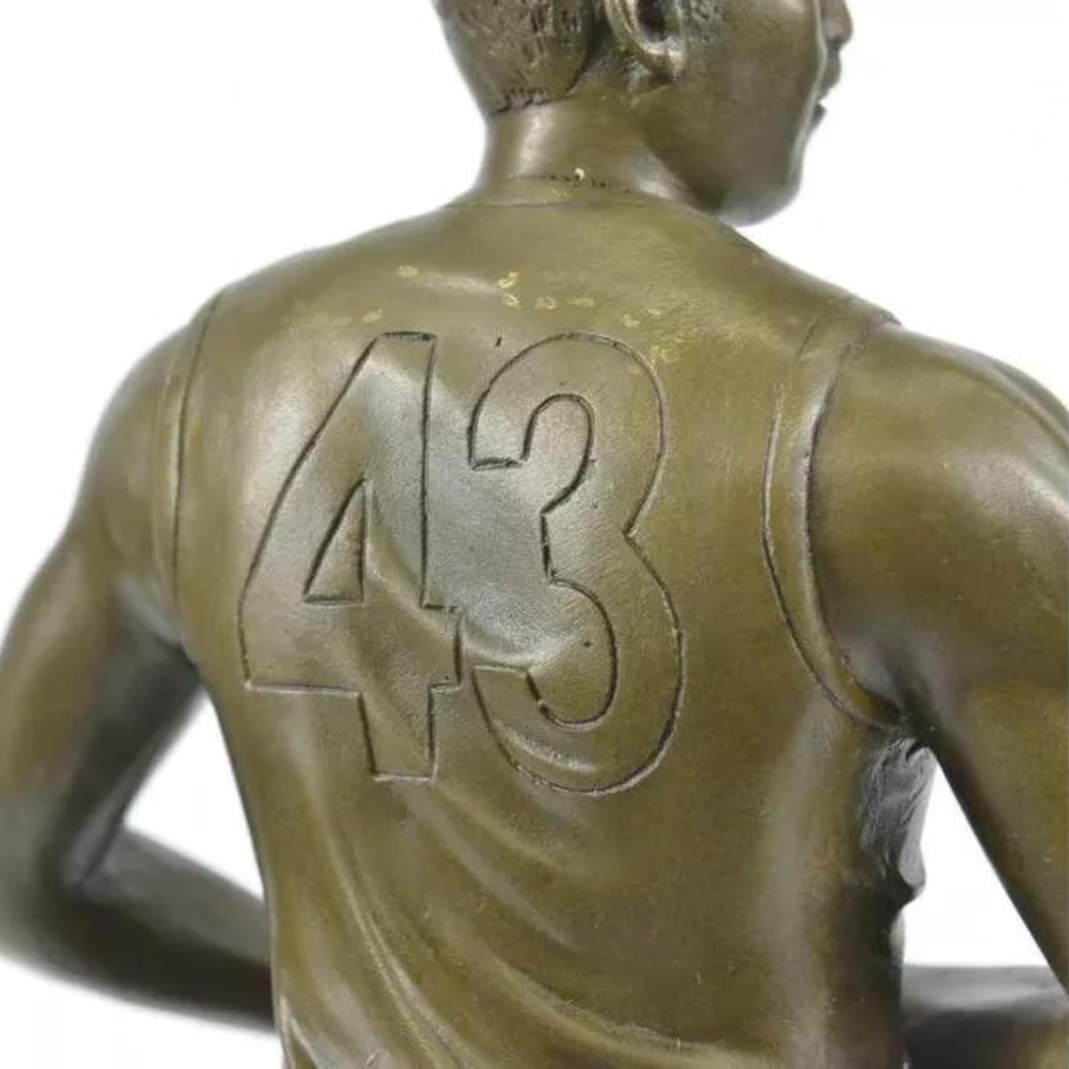 Side view of bronze rugby player statue in dynamic running pose with ball, 11lbs solid bronze