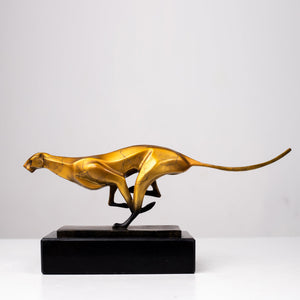 13.1-inch gold running cheetah sculpture on black marble base, side front view white background