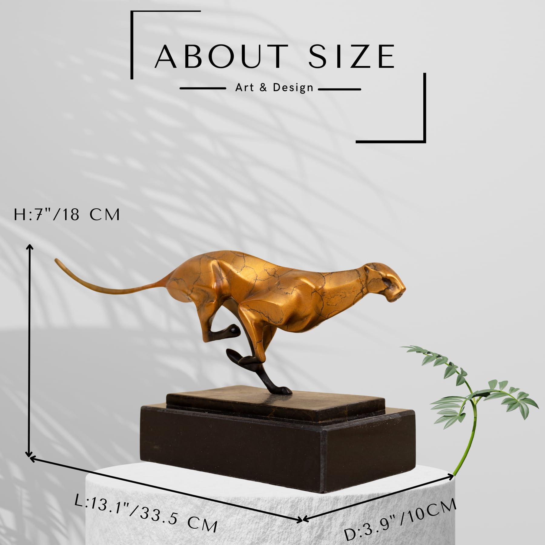 Bronze running cheetah sculpture size dimension reference chart showing 13.1 x 4.7 inch measurements
