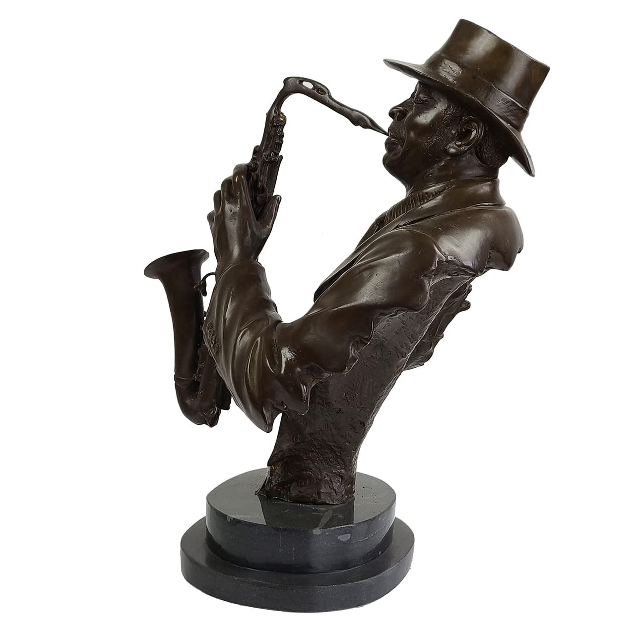 Bronze saxophonist bust sculpture angle view showing detailed jacket and hat