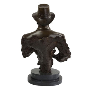 Bronze saxophonist bust sculpture back view showing hat and collar detail