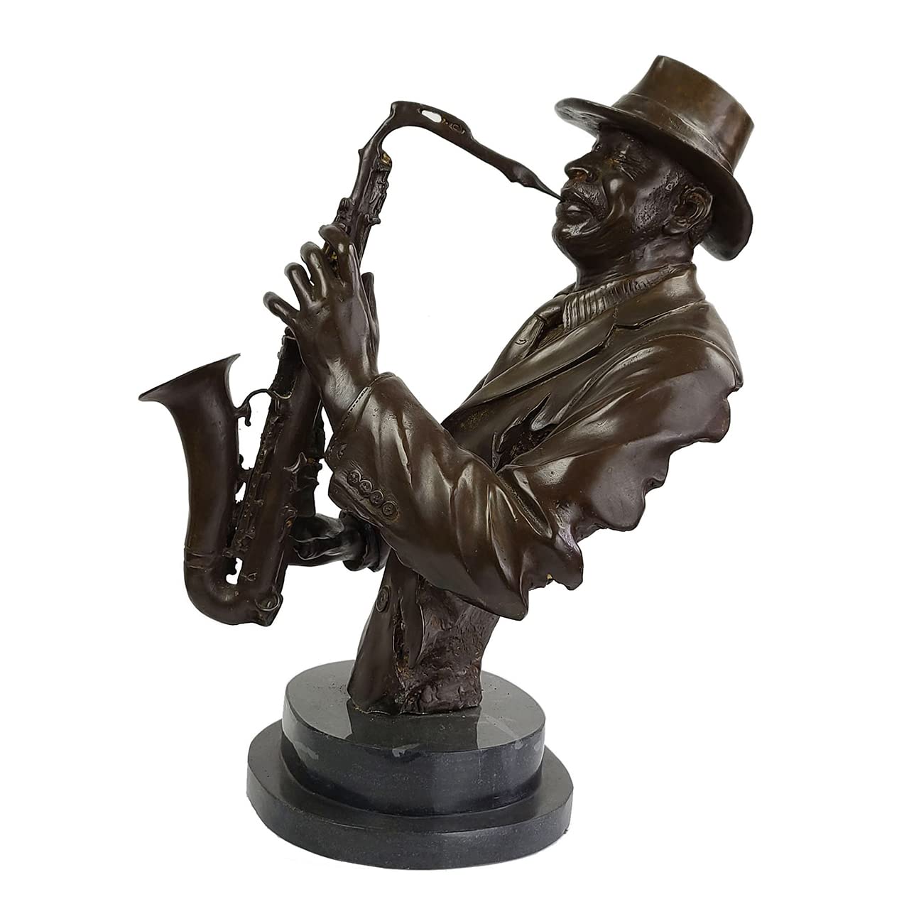 Bronze saxophonist bust sculpture side view wearing hat and playing saxophone