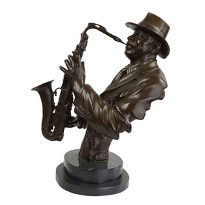 Bronze saxophonist bust sculpture side view wearing hat and playing saxophone