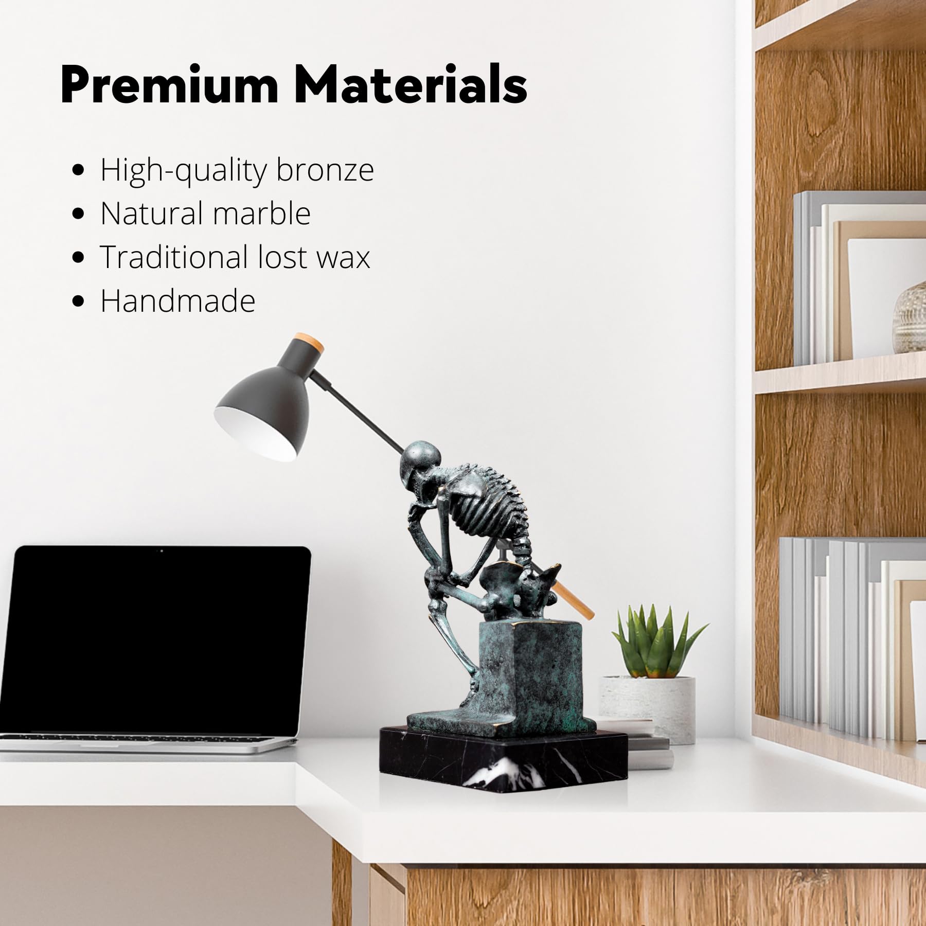 Bronze skeleton Thinker statue in blue-grey finish art collection decor feature card