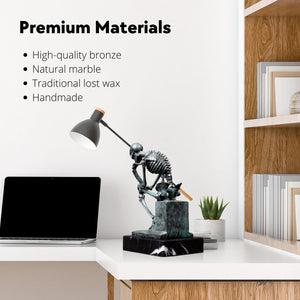 Bronze skeleton Thinker statue in blue-grey finish art collection decor feature card