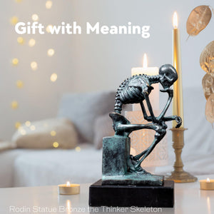 Bronze skeleton Thinker statue in blue-grey finish Rodin inspiration feature card