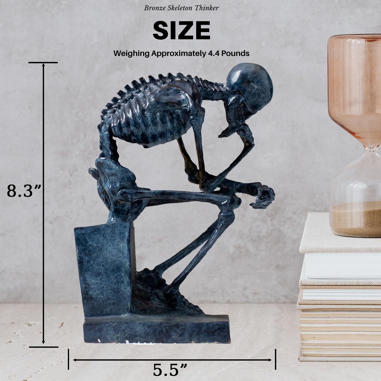 Bronze skeleton Thinker statue size chart showing 8.3 inch height and 5.5 inch base width