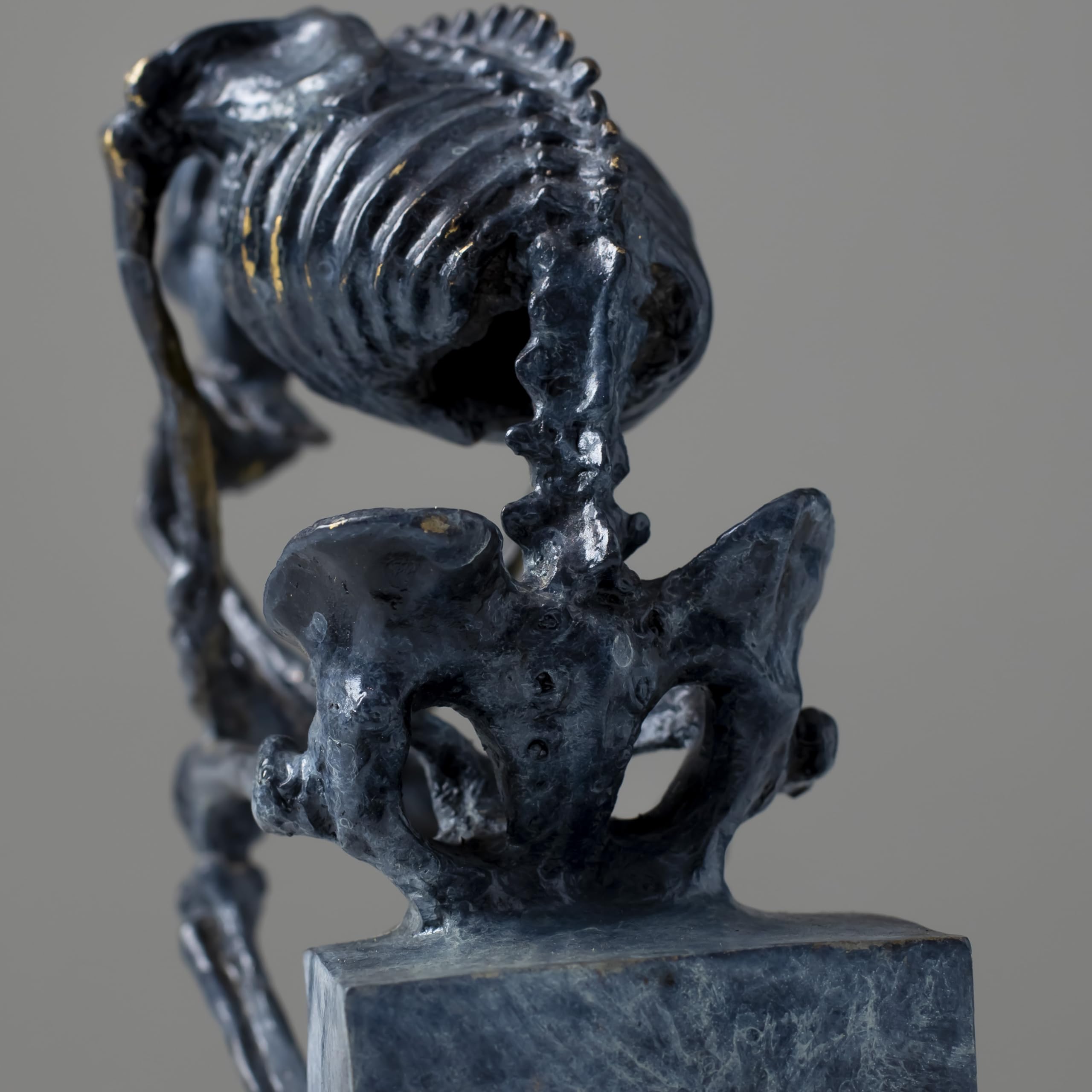 Close-up back view of bronze skeleton Thinker statue in blue-grey patina showing ribcage detail
