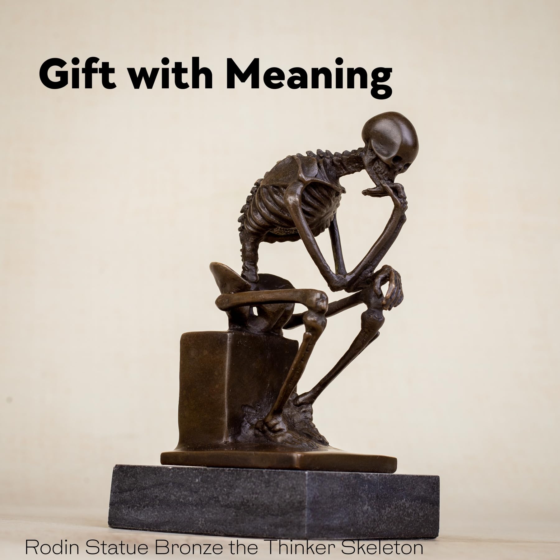 Bronze skeleton Thinker statue in brown bronze finish art collection decor feature card