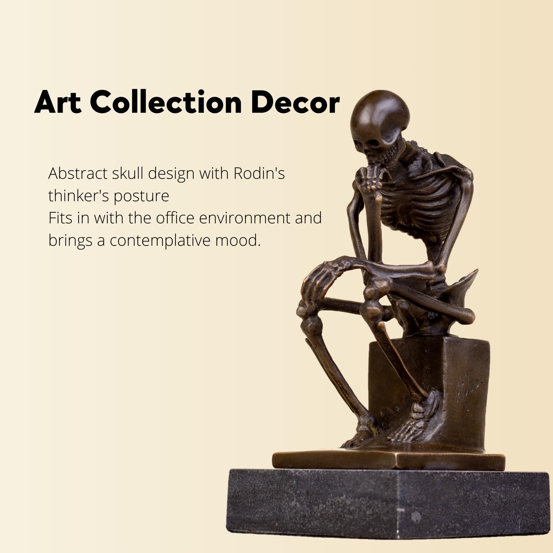 Bronze skeleton Thinker statue in brown bronze finish premium materials feature card