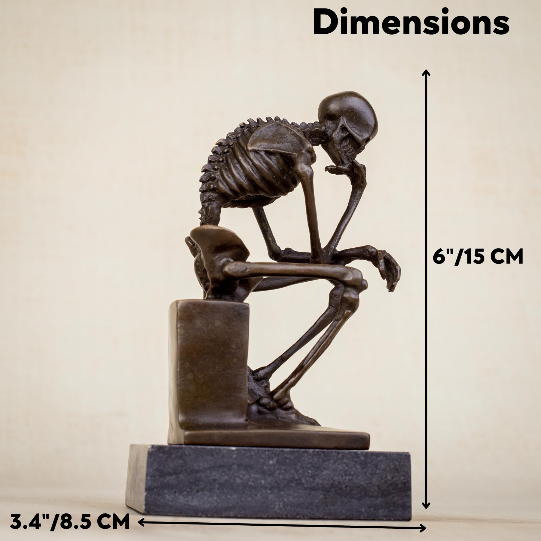 Bronze skeleton Thinker statue in brown bronze finish gift with meaning feature card