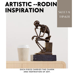 Bronze skeleton Thinker statue in brown bronze finish Rodin inspiration feature card
